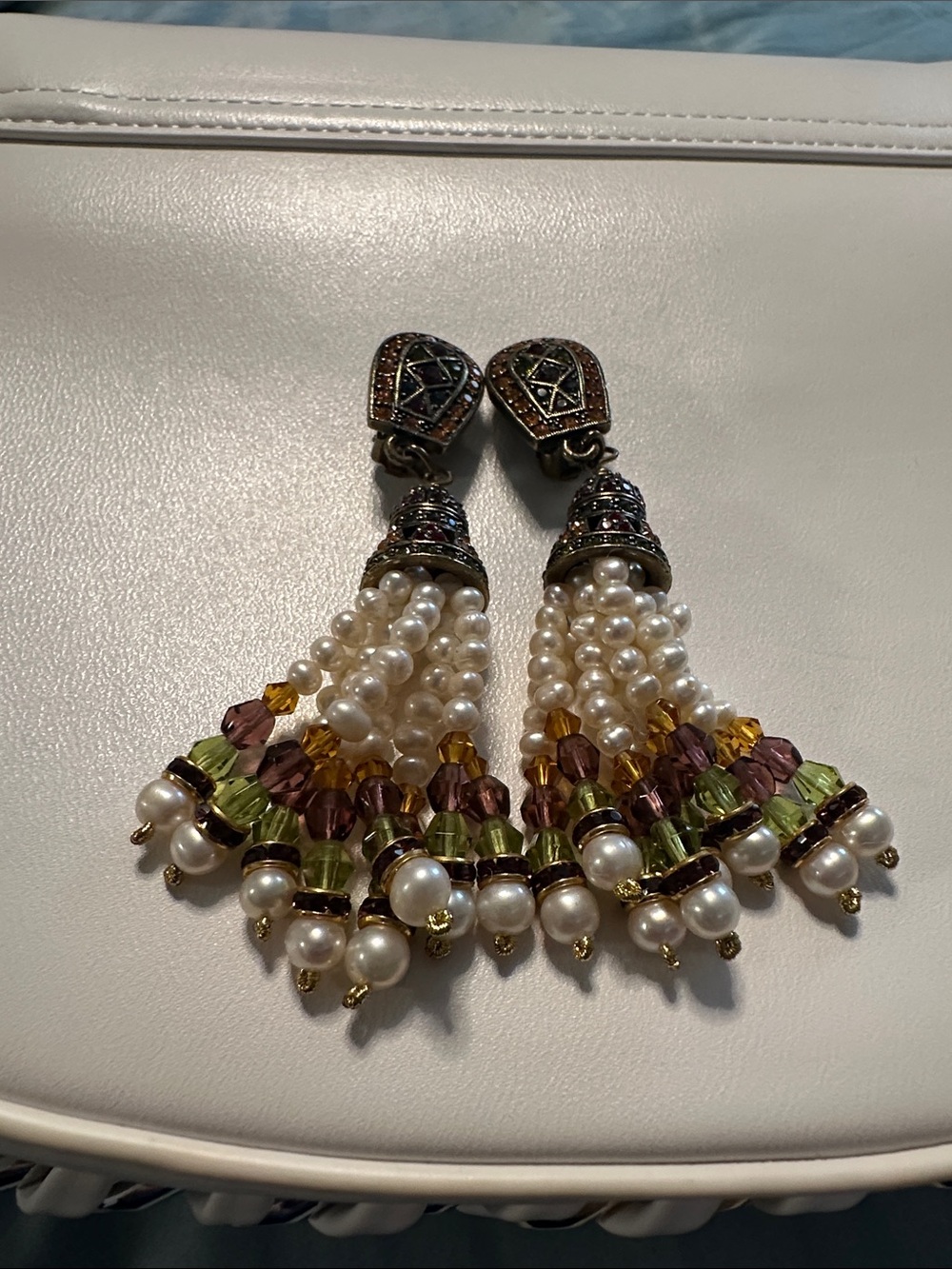 Heidi Daus Pearl Tassel Earrings with Green, Purple & Amber Crystals brand new